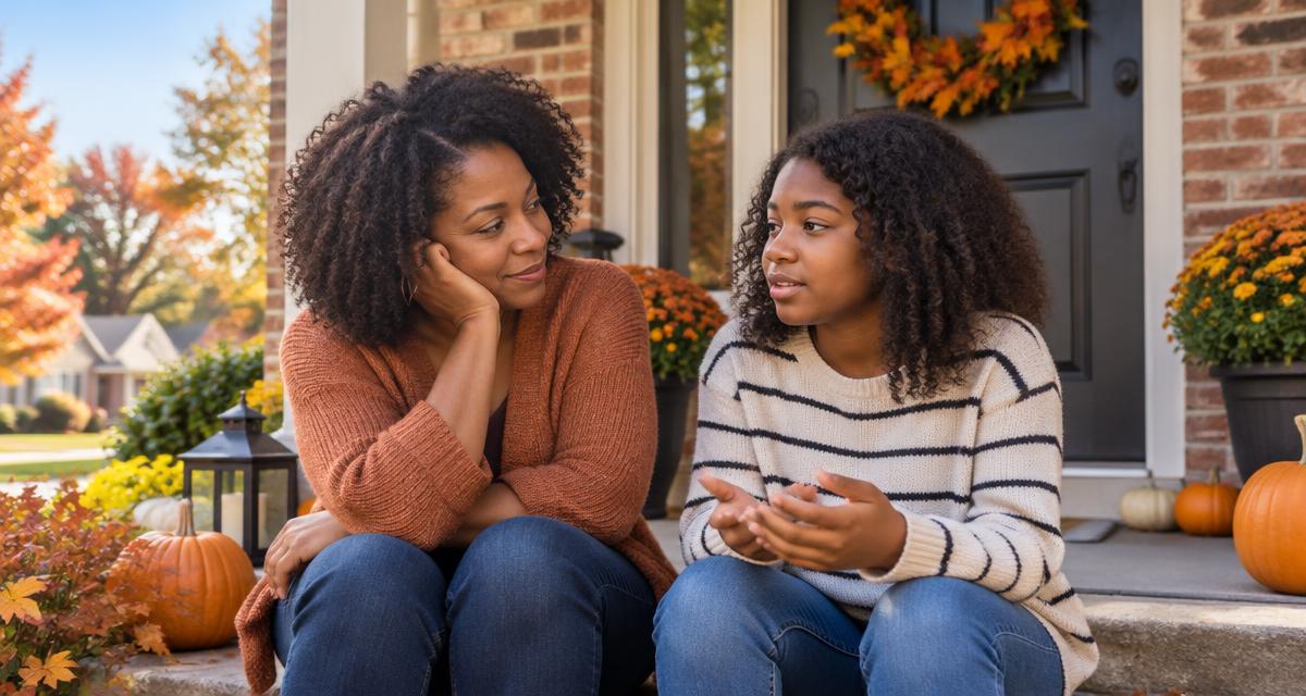 African American mother and daughter talking beside Halloween pumpkins, illustrating support for phobias and anxiety in West Chester, Ohio